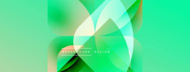 Soyut yeşil arkaplan. Üst üste binen şekiller dinamik görsel efekt yaratır. Modern tasarım elementleri yenilik ve akıcılık öneriyor.