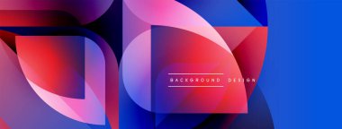 Soyut geometrik şekiller örtüşüyor, canlı renk eğimleri yaratıyor. Pembe, mor, mavi renkler kompozisyona hakim. Modern tasarım ögesi.