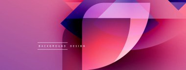 Soyut geometrik şekiller, canlı pembeler, morlar modern arka plan yaratır. Üst üste binen katmanlar derinlik ve dinamik bileşim öneriyor.