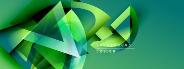 Soyut geometrik şekiller örtüşür, dinamik yeşil gradyan arkaplan oluşturur. Modern tasarım elementleri yenilik ve teknoloji öneriyor.