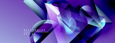Soyut geometrik şekiller mor, mavi renkleri harmanlarlar. Dinamik kompozisyon modern arkaplan tasarımı yaratır. Yumuşak gradyanlar görsel ilgi sunar.