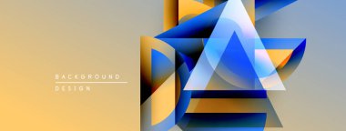 Soyut geometrik şekiller örtüşür, dinamik görsel efekt yaratır. Sıcak sarı, serin mavi renklere karışıyor. Minimalist tasarım, modern estetik.