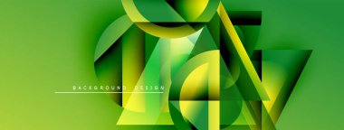 Soyut geometrik şekiller örtüşüyor, canlı yeşil gradyanlar yaratıyor. Modern tasarım dinamik hareket, enerji ve yenilik öneriyor. Metin arkaplan tasarımı okur.
