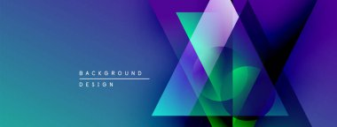 Soyut geometrik şekiller örtüşür, canlı gradyanlar yaratır. Mor renge mavi geçişler modern arka plan tasarımını oluşturuyor. Minimalist stil.