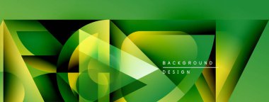 Soyut yeşil tasarım, üst üste binen geometrik şekiller. Gradyan renkler dinamik görsel efekt yaratır. Sunumlar için modern arkaplan uygun.