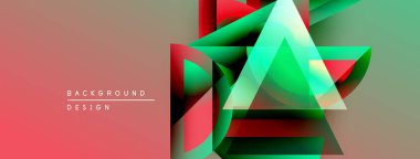 Soyut geometrik şekiller çakışıyor. Kırmızı, yeşil renkler tasarımda baskın. Gradyan arka plan görsel ilgi sağlıyor. Modern estetik.