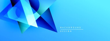 Soyut mavi tasarım, üst üste binen geometrik şekiller. Gradyan gölgeler dinamik görsel efekt yaratır. Modern arkaplan ögesi.