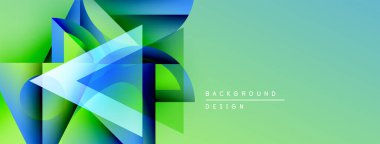 Soyut geometrik şekiller, canlı maviler, yeşiller modern arkaplan oluşturur. Tasarım özellikleri katmanlı üçgenler, pürüzsüz eğimler.