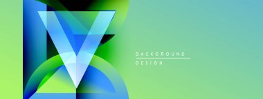 Soyut geometrik tasarım. Canlı mavi, yeşil renkler harmanlanmış. Üst üste binen şekillerle modern arkaplan, dinamik görsel efekt yaratır.
