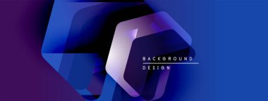 Soyut geometrik şekiller örtüşür, parlak mavi ve mor renkler yaratır. Metin, kompozisyon içinde arkaplan tasarımı okur. Modern, dinamik görsel.