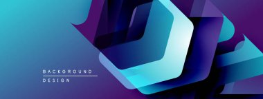 Soyut geometrik tasarım. Mavi, mor renkler katmanlı şekiller yaratır. Dijital projeler için modern arkaplan.