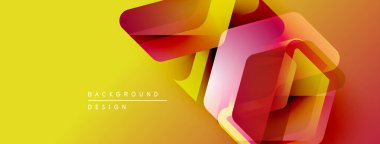 Soyut geometrik şekiller sarı arkaplanla örtüşür. Canlı renkler modern tasarım, uygun pankart veya sunum oluşturur.