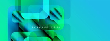 Soyut geometrik şekiller örtüşür, canlı gradyanlar yaratır. Modern tasarım deniz mavisi, yeşil renkler içerir. Metin arkaplan tasarımı okur.