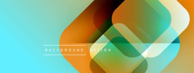 Soyut geometrik şekiller örtüşüyor, canlı renk geçişleri yaratıyor. Turkuaz arka plan turuncu ve yeşil renkleri tamamlıyor. Modern tasarım ögesi.