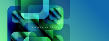 Soyut geometrik şekiller örtüşüyor, canlı yeşil, mavi renkler yaratıyor. Modern tasarım metin arkaplan tasarımını merkezde konumlandırır.