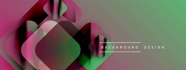 Soyut geometrik şekiller örtüşüyor, canlı renk eğimleri yaratıyor. Pembe, yeşil, mor renkli modern tasarım. Arkaplan dokusu görünür.