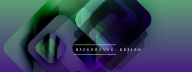 Soyut geometrik şekiller örtüşür, canlı gradyanlar yaratır. Mor, yeşil renkler tasarımda baskın, modern estetik. Metin arkaplan tasarımı okur.