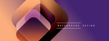 Soyut geometrik şekiller örtüşüyor, renk değişimleri yaratıyor. Turuncu, mor renkler tasarımda baskın. Minimalist metin mevcut.