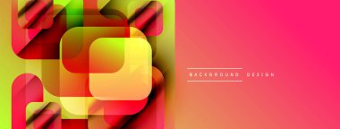 Soyut geometrik şekiller örtüşüyor, canlı renk eğimleri yaratıyor. Pembe sağ tarafa hükmediyor, sol karmaşık katmanlarla çelişiyor. Modern tasarım.