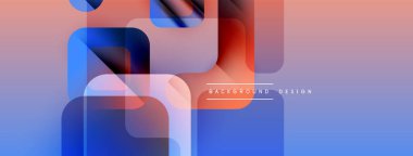 Soyut geometrik şekiller örtüşüyor, canlı renk eğimleri yaratıyor. Mavi, kırmızı, pembe renkler tasarımda baskın. Modern estetik.