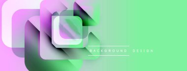 Soyut geometrik şekiller örtüşür, canlı pastel gradyanlar yaratır. Açık yeşil sağ tarafı, mor solu domine eder. Modern tasarım ögesi.