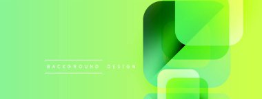 Parlak yeşil eğimli arka plan. Üstüste binen yarı saydam şekiller modern soyut tasarım yaratır. Minimalist estetik, temiz çizgiler, canlı renkler.
