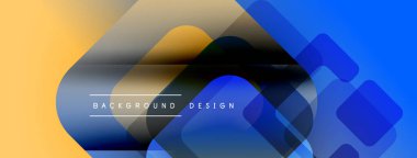 Soyut geometrik şekiller örtüşüyor, canlı renk eğimleri yaratıyor. Arka planda mavi, turuncu, kahverengi renkler var. Metin arkaplan tasarımı okur.