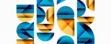 Soyut geometrik şekiller harfleri oluşturur. Mavi, turuncu renkler kompozisyona hakim. Modern tasarım, temiz çizgiler görsel uyum sunar.