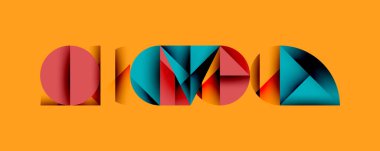 Renkli yazılar tamam. Mektuplarda geometrik şekiller, canlı renkler, sarı ve siyah arkaplana karşı cesur tasarım yer alıyor..