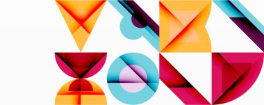 Soyut geometrik şekiller örtüşür ve canlı bir bileşim yaratır. Renkler arasında turuncu, mavi, morumsu ve beyaz arka plan yer alıyor. Modern tasarım.