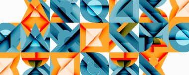 Soyut geometrik desen. Kareler, üçgenler, daireler örtüşüyor ve karmaşık görsel doku oluşturuyor. Turuncu ve mavi renkler kompozisyona hakim..