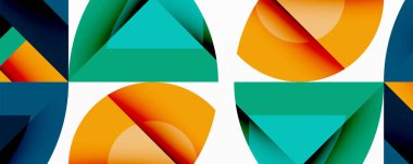 Soyut geometrik desen. Kareler, üçgenler, daireler üst üste binerek canlı renk blokları oluşturuyorlar. Modern tasarım, temiz çizgiler, basit şekiller..