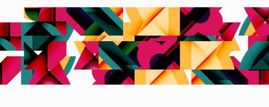 Soyut geometrik şekiller, canlı renkler, modern tasarım. Kompozisyon üst üste binen üçgenler, dikdörtgenler, dinamik desenler.