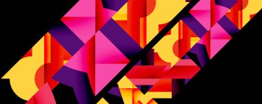 Soyut geometrik bileşim. Canlı renkler, keskin açılar, dinamik şekiller modern görsel deneyimler yaratır. Kalın tasarım, çarpıcı karşıtlık.