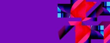 Soyut geometrik şekiller, canlı renkler. Mor, sol tarafa baskın, kırmızı ve mavi formda ise sağ tarafa. Modern tasarım.