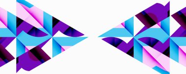 Soyut geometrik şekiller, mor, mavi, pembe renkler. Minimalist tasarım, simetrik kompozisyon, modern estetik. Temiz çizgiler, canlı renkler..