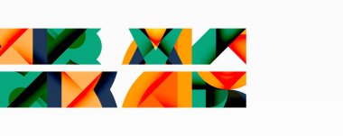 Soyut geometrik şekiller örtüşür, canlı renk blokları oluşturur. Turuncu, yeşil, mavi renkler kompozisyona hakim. Minimalist tasarım.