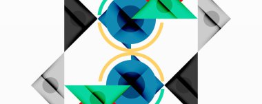 Soyut geometrik bileşim. Çemberler, üçgenler, kareler simetrik desenler oluşturarak kesişir. Mavi, yeşil, gri tonlar beyaz arkaplana hakim.