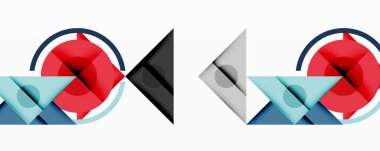 Soyut geometrik şekiller, kırmızı daireler, mavi üçgenler, gri formlar. Minimalist tasarım, temiz çizgiler, modern estetik. Kompozisyon simetri özellikleri.