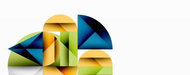 Soyut geometrik şekiller örtüşür, canlı renk blokları oluşturur. Tasarım eğimleri, açılar, modern estetik özellikleri.