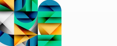 Soyut geometrik bileşim. Şekiller örtüşüyor, dinamik görsel ilgi yaratıyor. Renkler harmanlanır, maviler, yeşiller beyaz alanla.