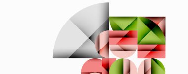 Soyut geometrik bileşim. Şekiller çakışıyor, görsel ilgi yaratıyor. Renkler kırmızı, yeşil, gri, pembe. Minimalist tasarım.