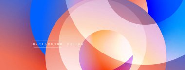 Soyut renkli çemberler çakışıyor. Gradyan karışımı turuncu, mavi, pembe renkler. Arkaplan ve afişler için modern tasarım ögesi.