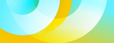 Soyut renkli katmanlar dinamik arkaplan yaratır. Üst üste binen daireler, gradyanlar, sarı, mavi renkler kompozisyona hakim. Modern tasarım ögesi.