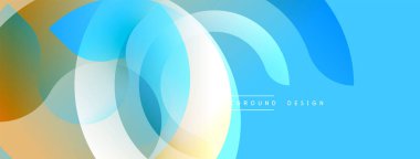 Soyut akışkan şekiller, açık mavi fon. Üst üste binen yarı saydam çemberler, dinamik görsel efekt yaratır. Modern tasarım ögesi.