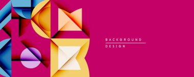 Soyut geometrik şekiller canlı pembe arka planla örtüşür. Sarı, mavi, mor formlar dinamik bileşim oluşturur. Arkaplan ve sunumlar için modern tasarım ögesi.