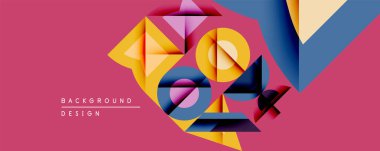 Soyut geometrik bileşim. Üst üste binen şekiller, dinamik görsel ilgi yaratır. Sıcak sarılar, havalı maviler, dizaynın hakimi pembeler. Modern estetik, canlı renkler.