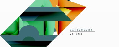 Soyut geometrik bileşim. Üst üste binen şekiller dinamik görsel efekt yaratır. Renkler arasında yeşil, turuncu, mavi, siyah yer alıyor. Arka planlar için modern tasarım ögesi.