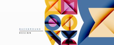 Soyut geometrik bileşim. Canlı renkler karışıyor, dinamik şekiller yaratıyor. Modern tasarım üst üste binen daireler, üçgenler, kareler içerir. Minimalist estetik, temiz çizgiler..