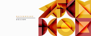 Soyut geometrik bileşim. Sıcak renkler baskın, üst üste binen üçgenler, daireler, kareler. Modern tasarım derinliği, dokuyu ve görsel ilgiyi çağrıştırıyor. Minimalist estetik.